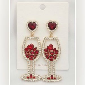 RED HEART RHINESTONE WINE GLASS DANGLE EARRING